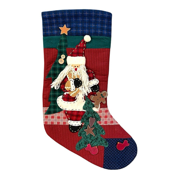Vintage Santa Gingerbread Christmas Stocking Quilted Rustic Farmhouse Country - Picture 1 of 7